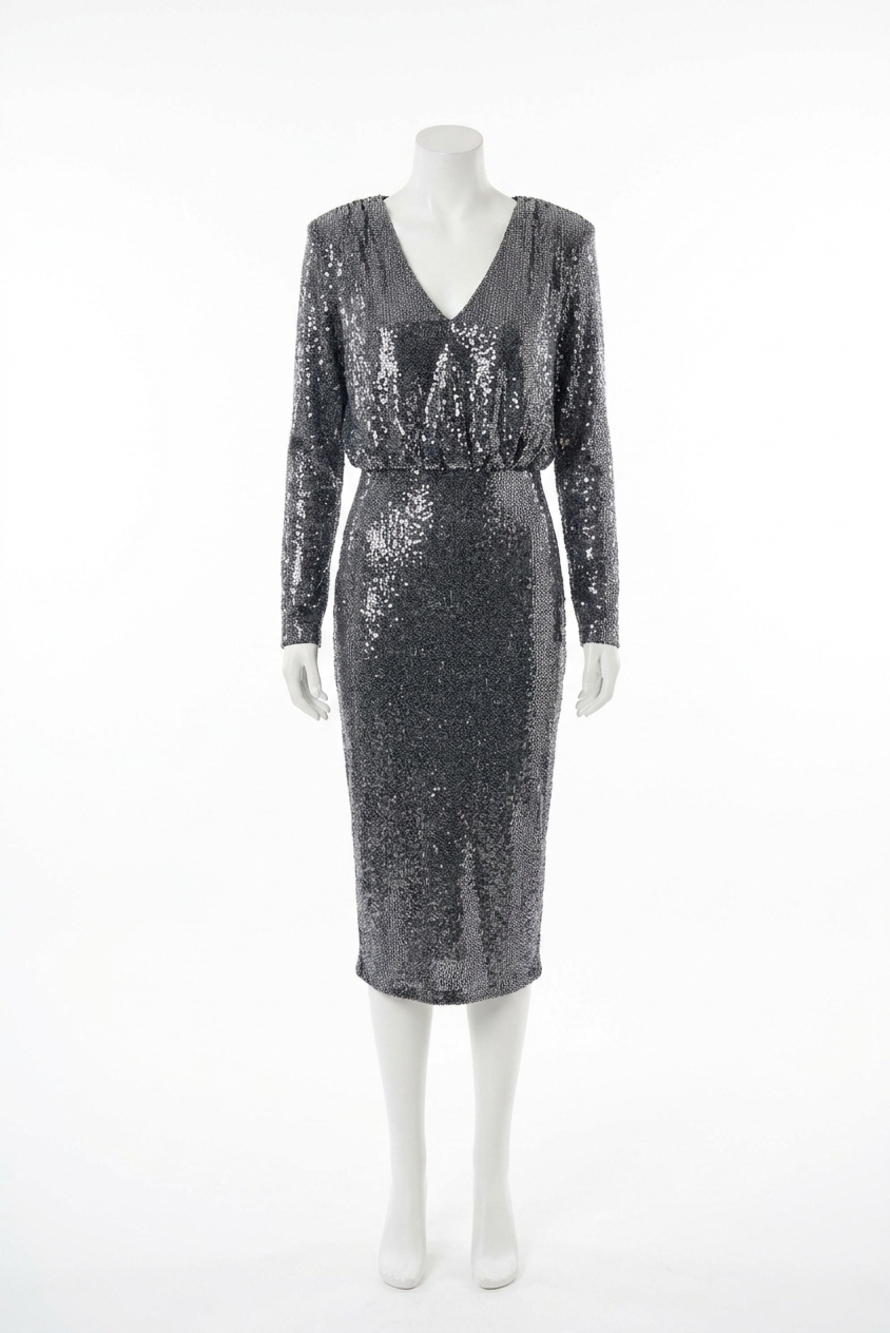 NEW JOSEPH RIBKOFF women's sequined v-neck long sleeve sheath dress in black/sil